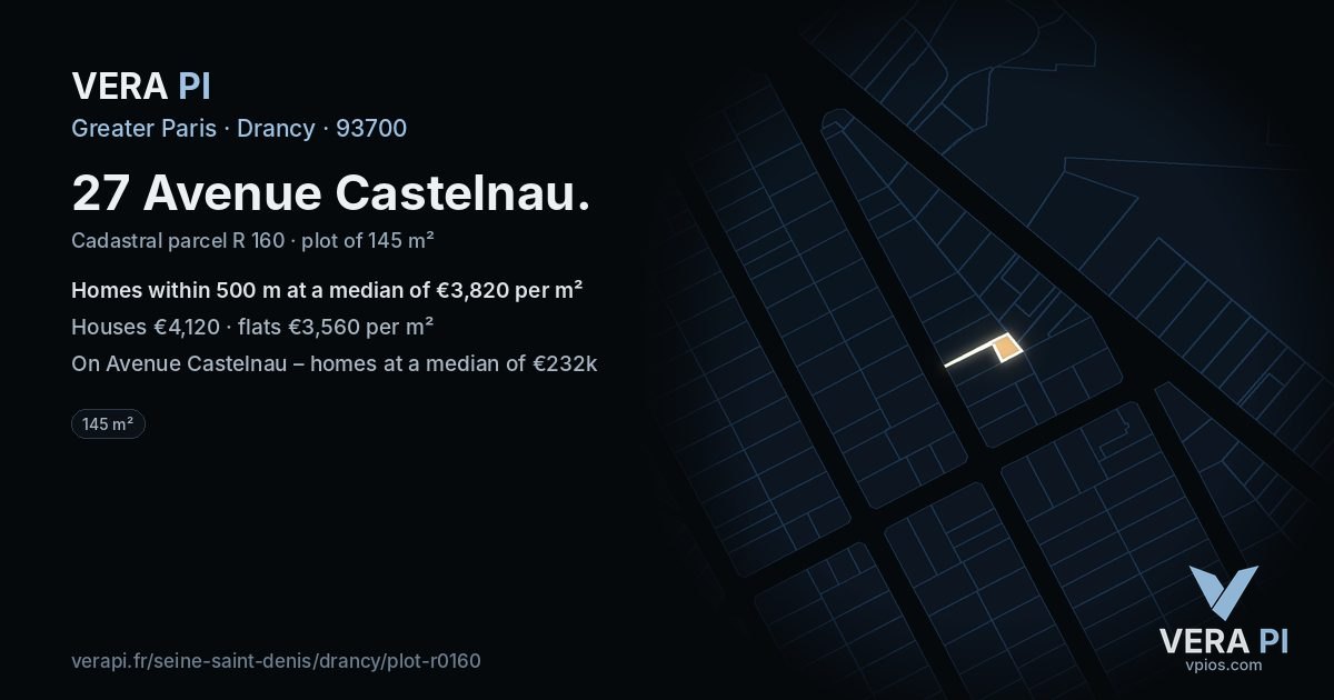 27 Avenue Castelnau, Drancy at night – the plot lit, the parcels around coloured by the prices near them