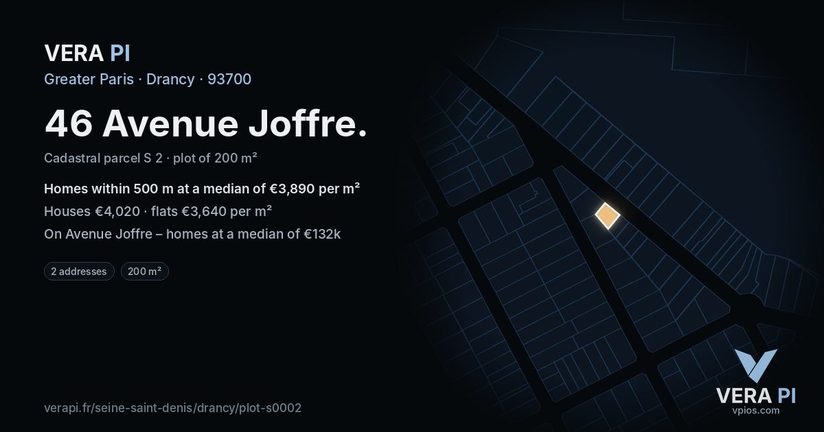 46 Avenue Joffre, Drancy at night – the plot lit, the parcels around coloured by the prices near them