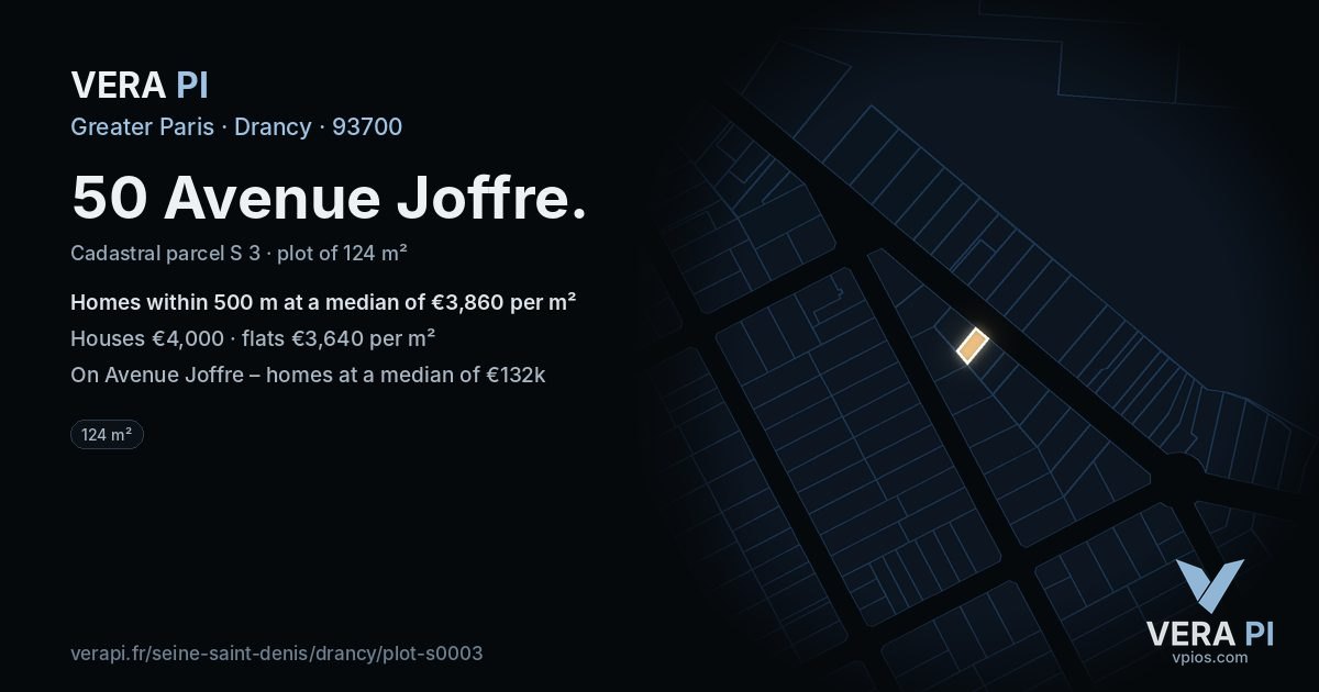 50 Avenue Joffre, Drancy at night – the plot lit, the parcels around coloured by the prices near them