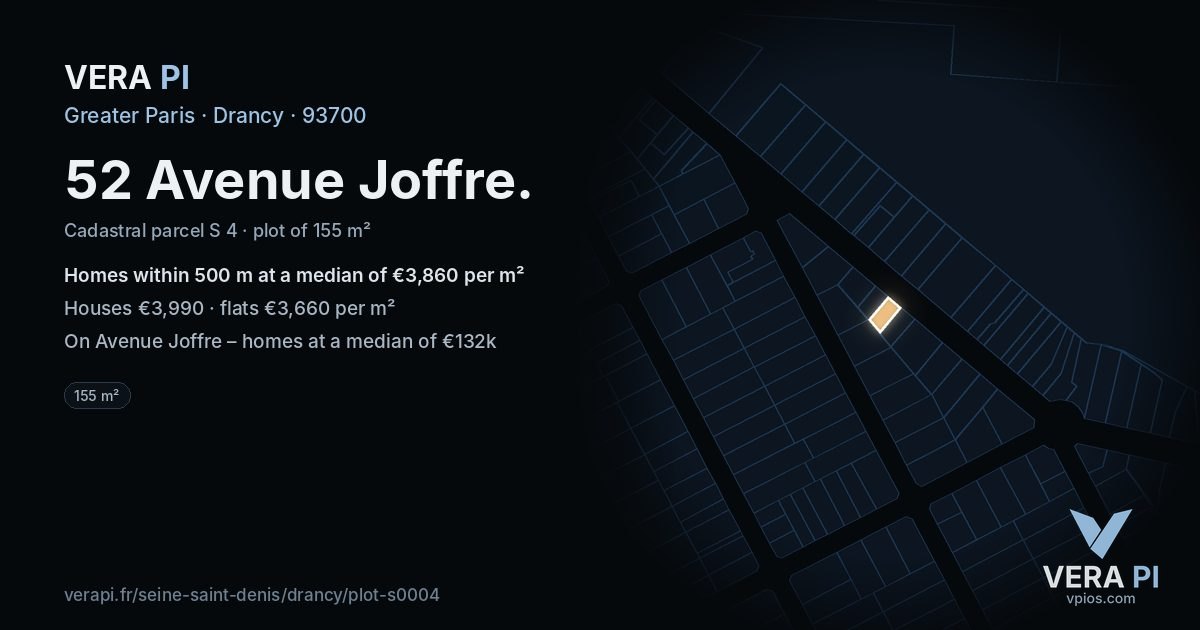 52 Avenue Joffre, Drancy at night – the plot lit, the parcels around coloured by the prices near them