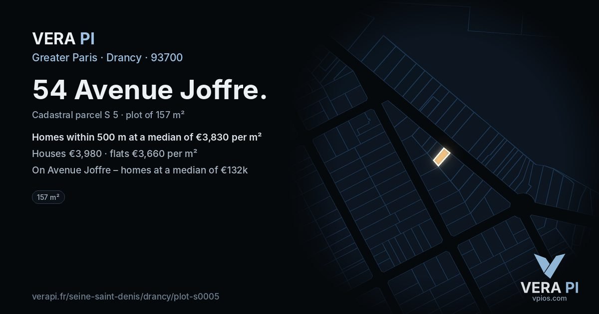 54 Avenue Joffre, Drancy at night – the plot lit, the parcels around coloured by the prices near them