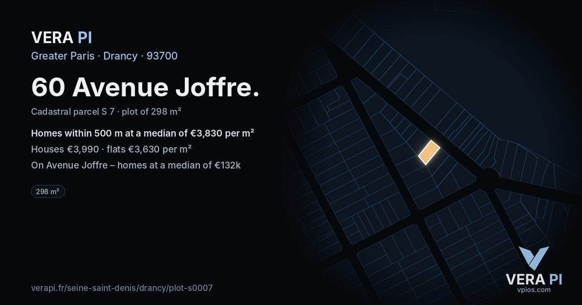 60 Avenue Joffre, Drancy at night – the plot lit, the parcels around coloured by the prices near them