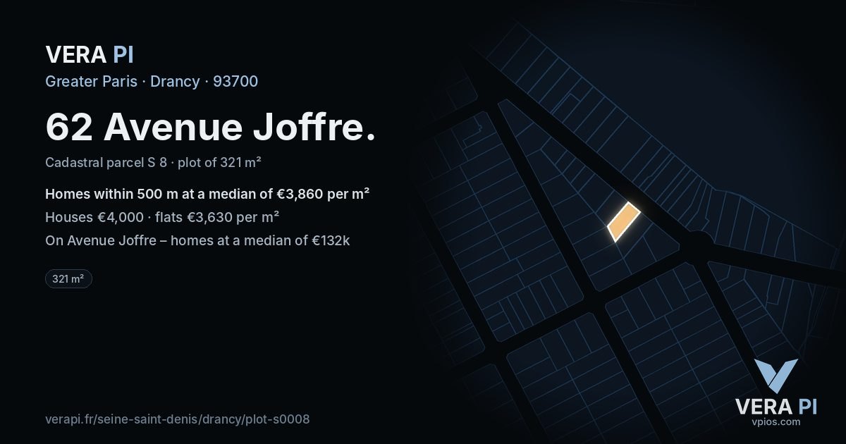 62 Avenue Joffre, Drancy at night – the plot lit, the parcels around coloured by the prices near them
