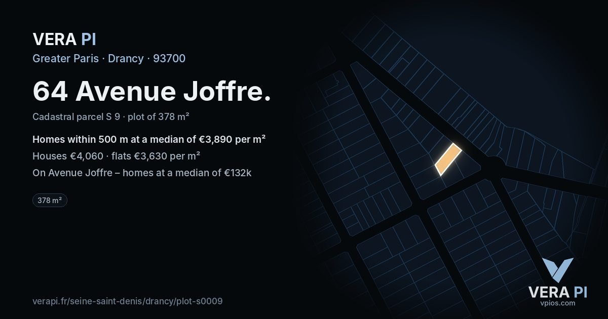 64 Avenue Joffre, Drancy at night – the plot lit, the parcels around coloured by the prices near them