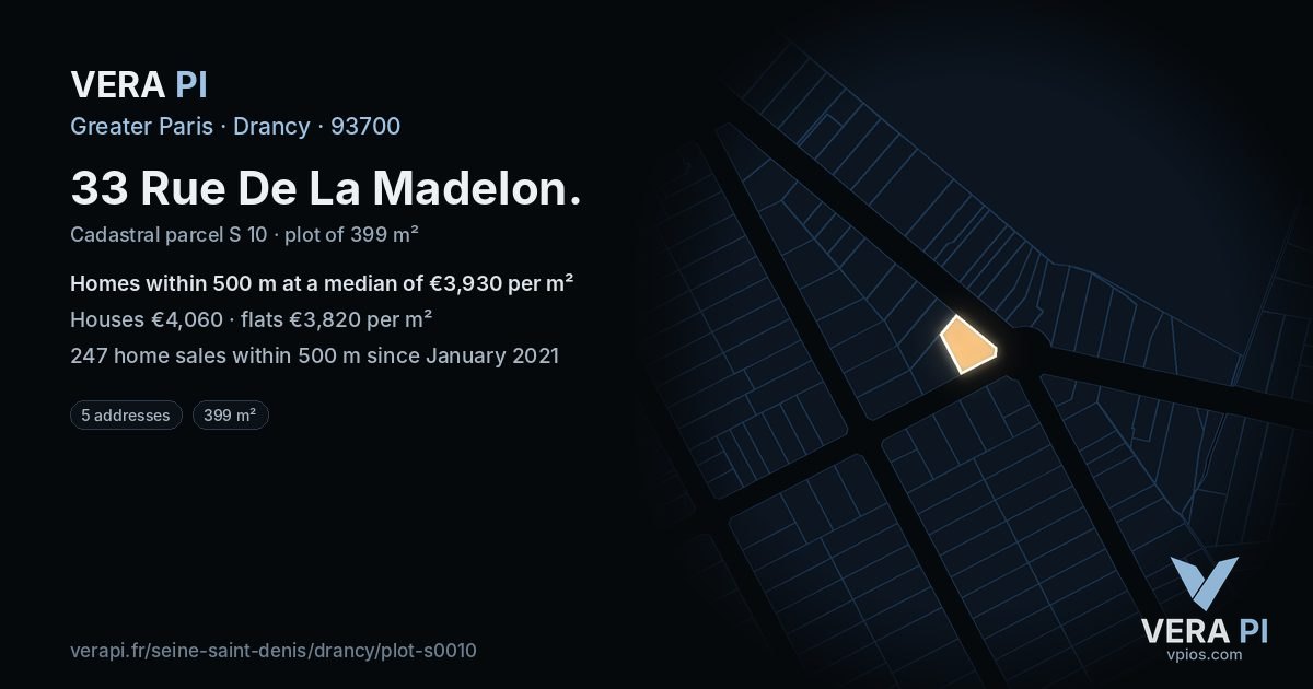 33 Rue De La Madelon, Drancy at night – the plot lit, the parcels around coloured by the prices near them
