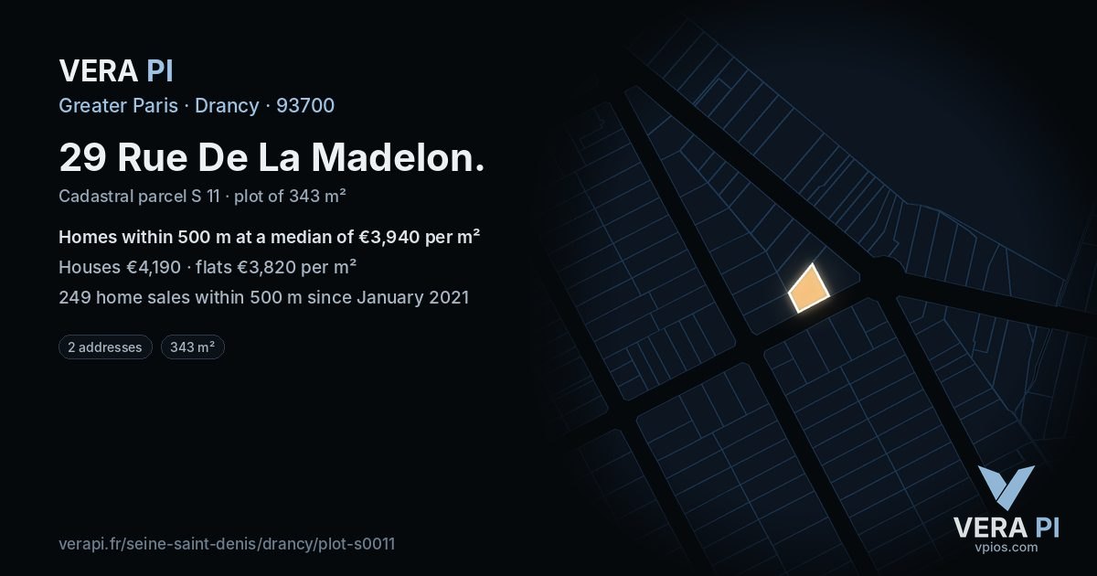 29 Rue De La Madelon, Drancy at night – the plot lit, the parcels around coloured by the prices near them