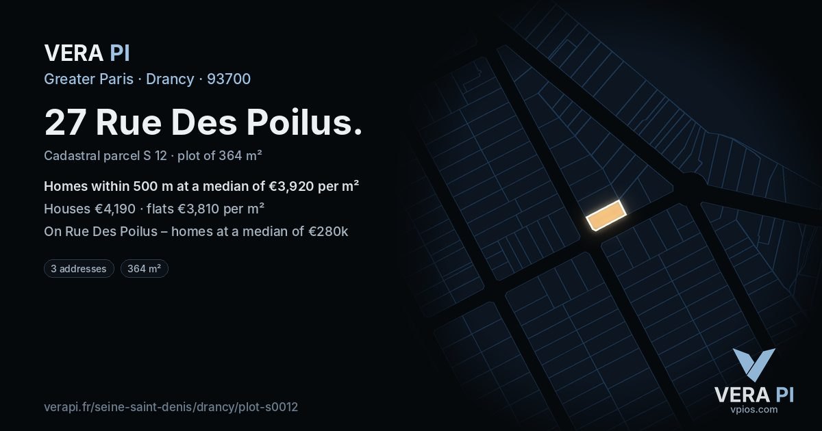 27 Rue Des Poilus, Drancy at night – the plot lit, the parcels around coloured by the prices near them