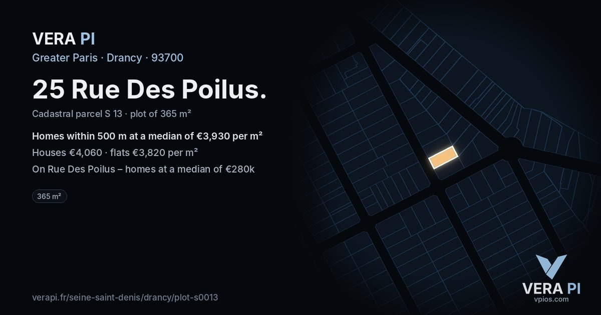 25 Rue Des Poilus, Drancy at night – the plot lit, the parcels around coloured by the prices near them