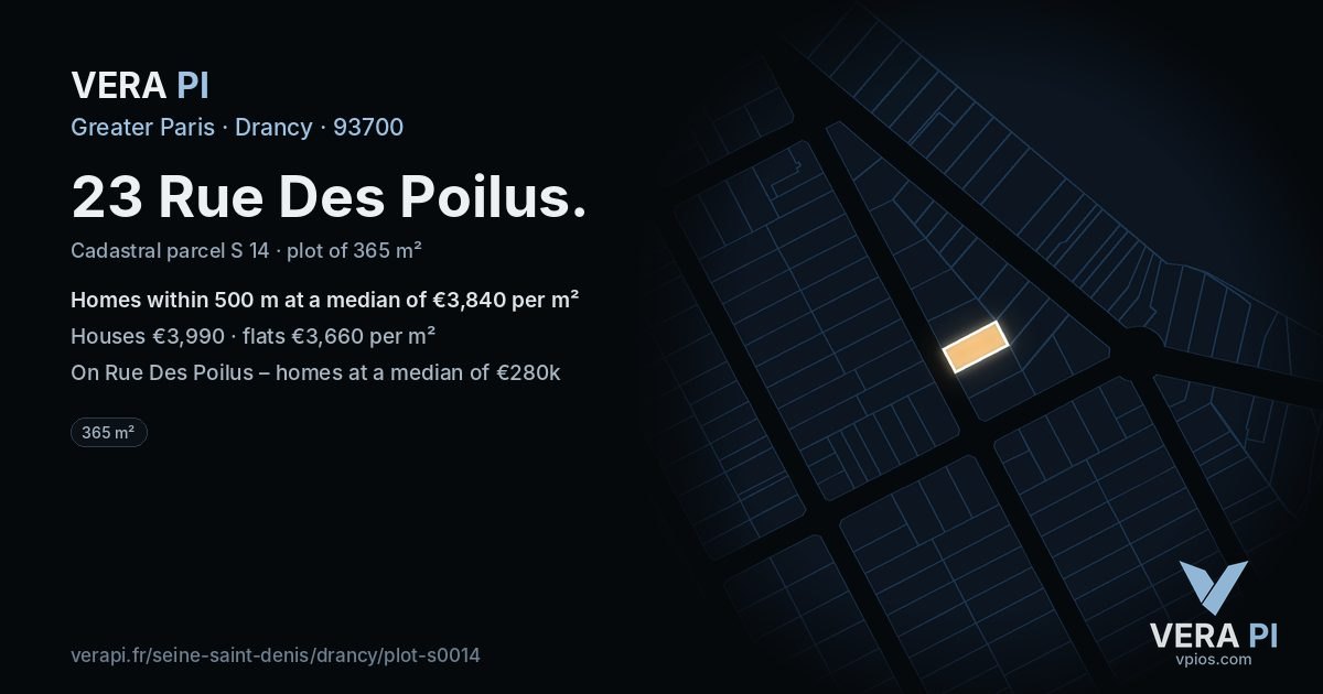 23 Rue Des Poilus, Drancy at night – the plot lit, the parcels around coloured by the prices near them