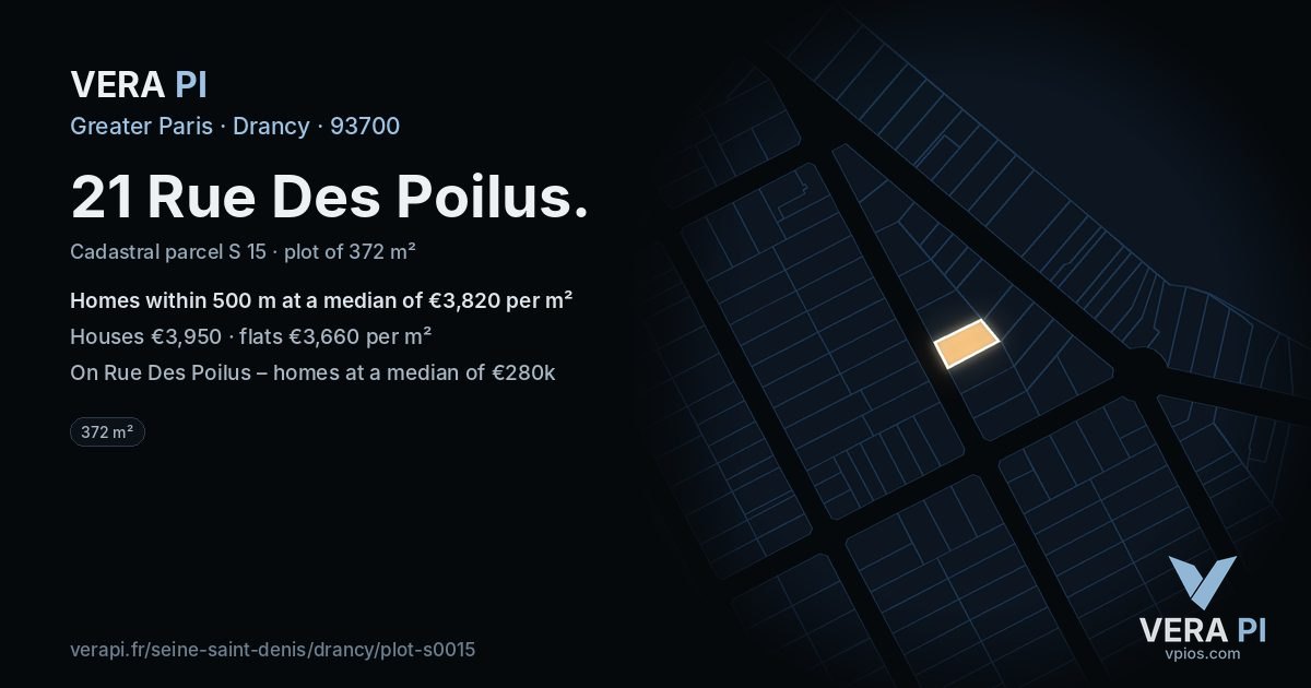 21 Rue Des Poilus, Drancy at night – the plot lit, the parcels around coloured by the prices near them