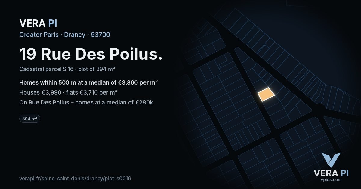 19 Rue Des Poilus, Drancy at night – the plot lit, the parcels around coloured by the prices near them