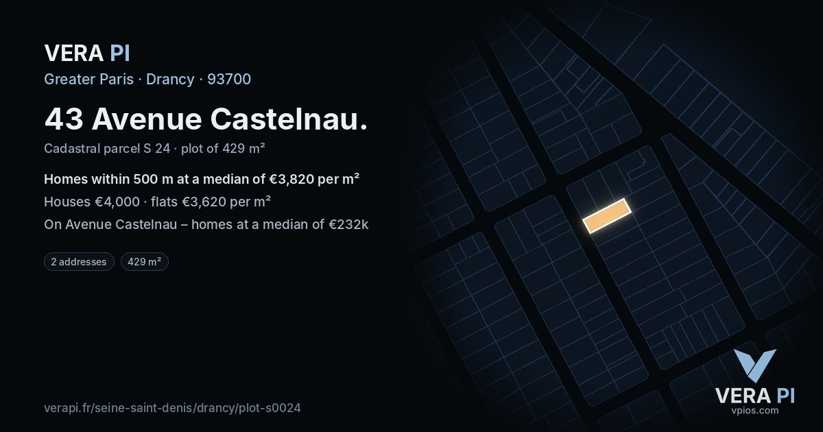 43 Avenue Castelnau, Drancy at night – the plot lit, the parcels around coloured by the prices near them