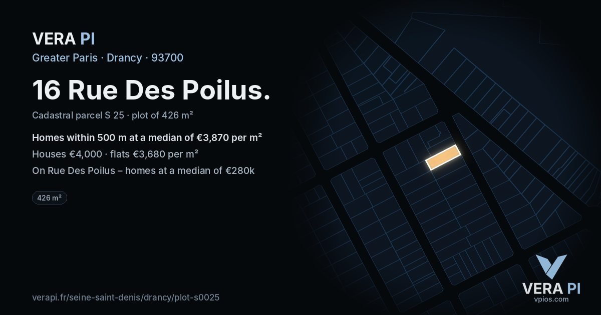 16 Rue Des Poilus, Drancy at night – the plot lit, the parcels around coloured by the prices near them