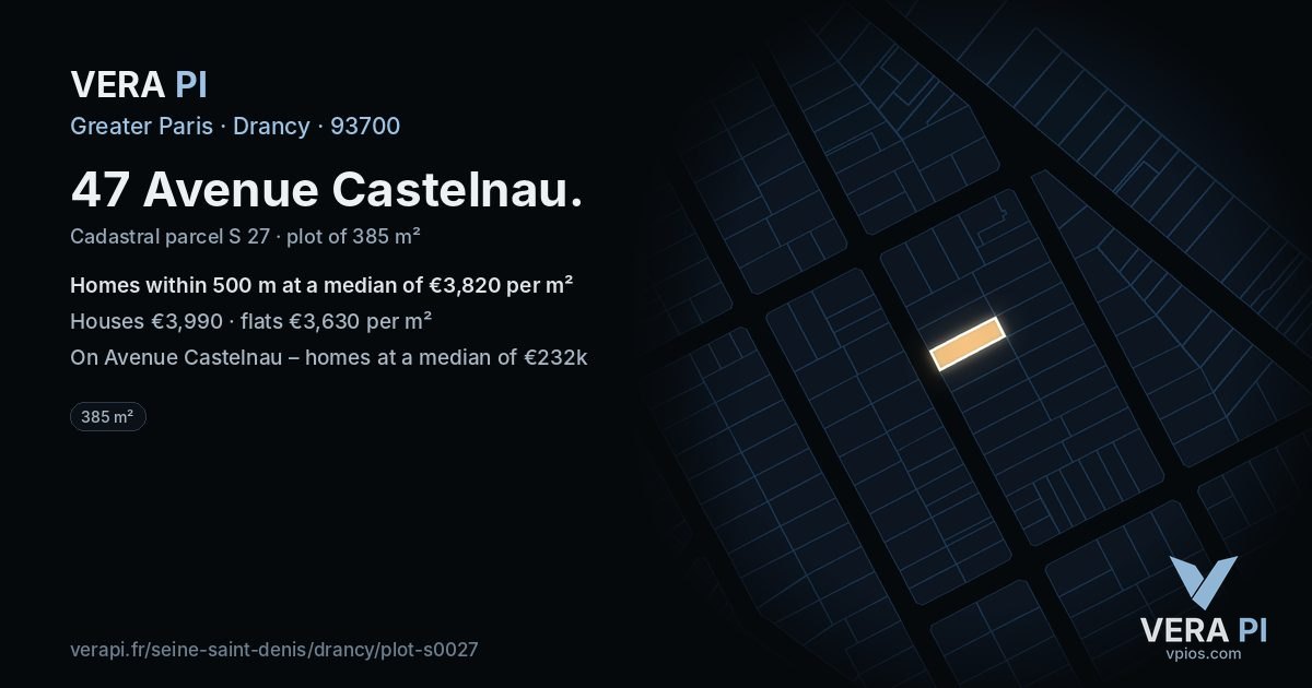 47 Avenue Castelnau, Drancy at night – the plot lit, the parcels around coloured by the prices near them