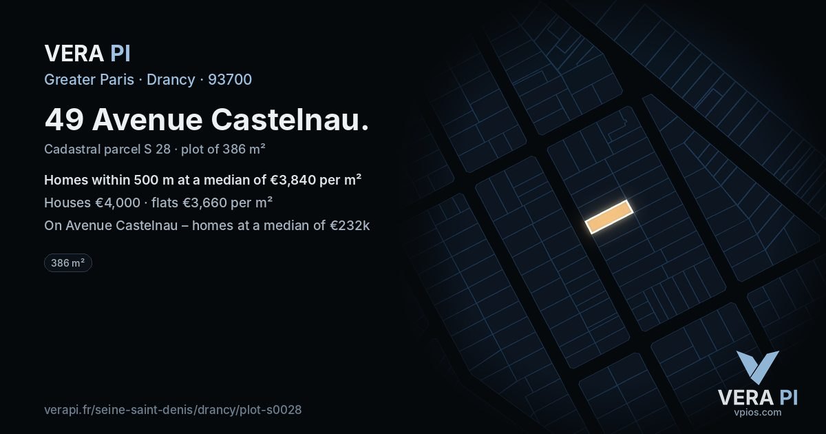 49 Avenue Castelnau, Drancy at night – the plot lit, the parcels around coloured by the prices near them