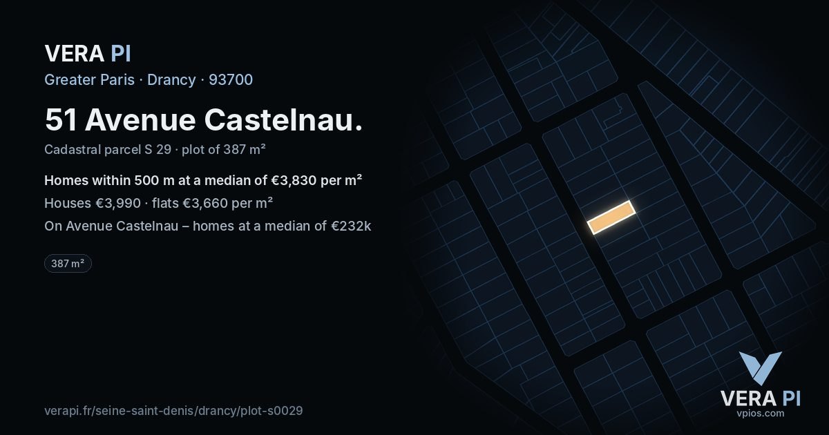 51 Avenue Castelnau, Drancy at night – the plot lit, the parcels around coloured by the prices near them