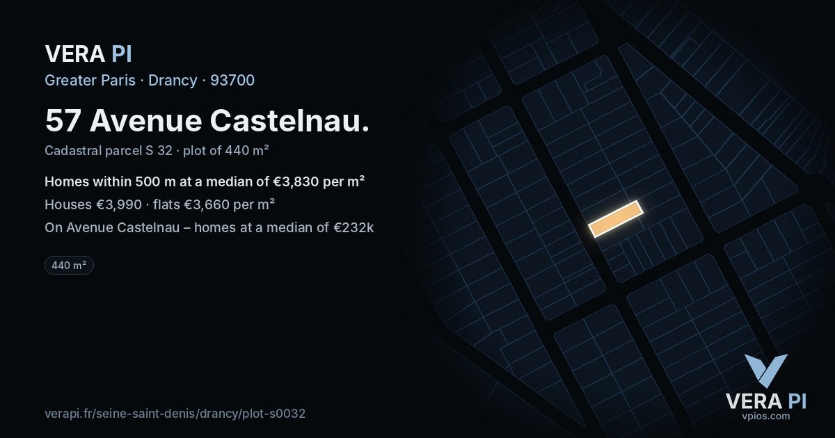 57 Avenue Castelnau, Drancy at night – the plot lit, the parcels around coloured by the prices near them