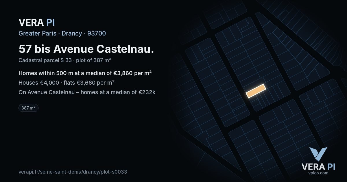 57 bis Avenue Castelnau, Drancy at night – the plot lit, the parcels around coloured by the prices near them