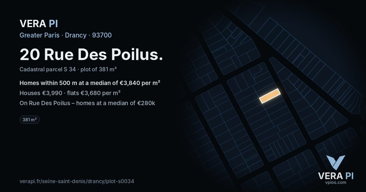 20 Rue Des Poilus, Drancy at night – the plot lit, the parcels around coloured by the prices near them