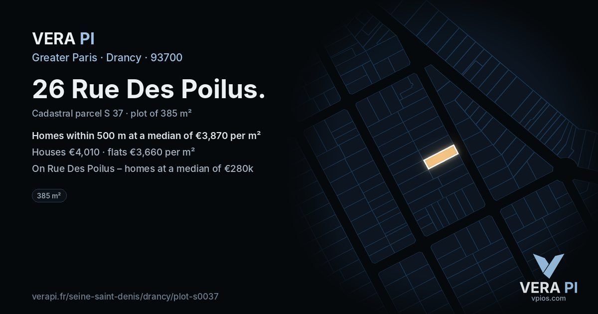 26 Rue Des Poilus, Drancy at night – the plot lit, the parcels around coloured by the prices near them