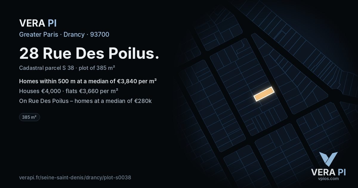 28 Rue Des Poilus, Drancy at night – the plot lit, the parcels around coloured by the prices near them