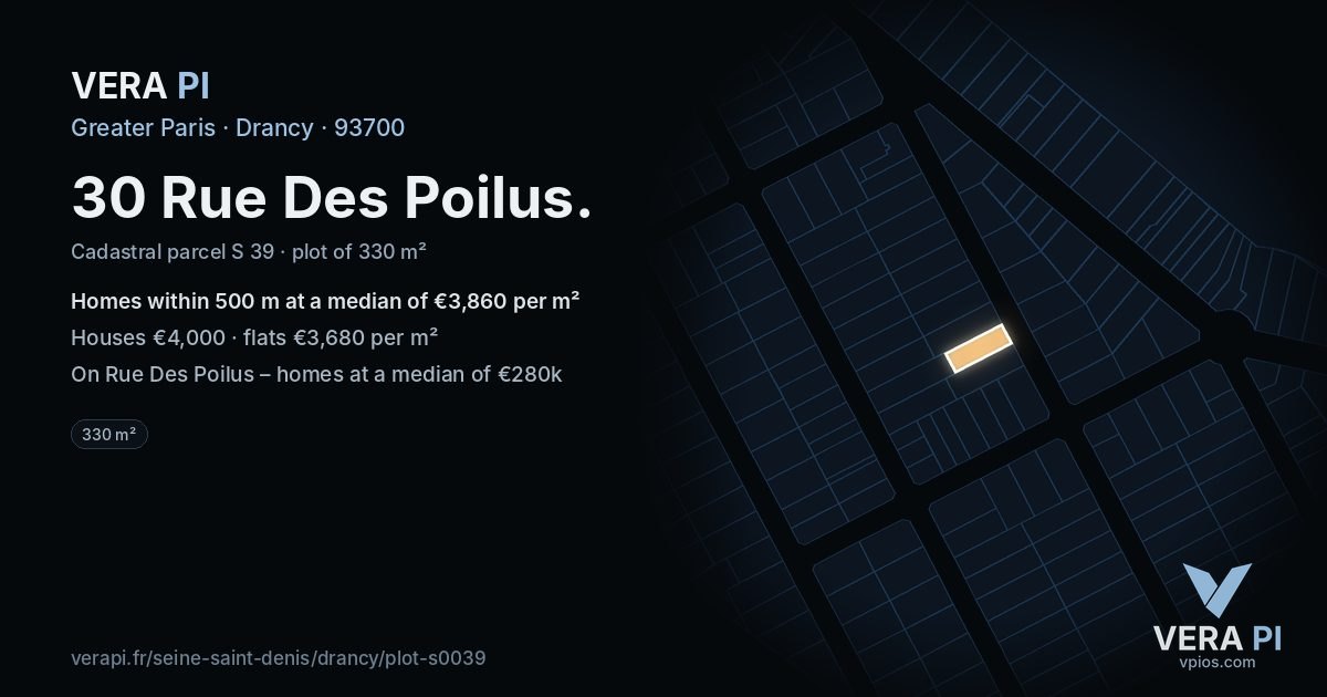 30 Rue Des Poilus, Drancy at night – the plot lit, the parcels around coloured by the prices near them