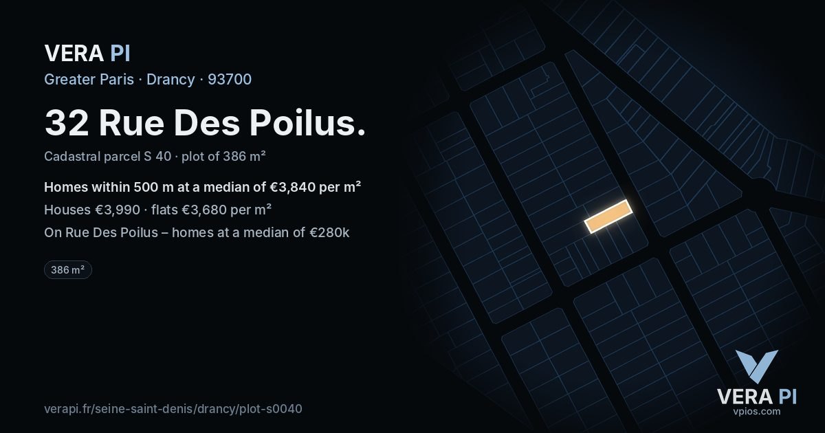 32 Rue Des Poilus, Drancy at night – the plot lit, the parcels around coloured by the prices near them