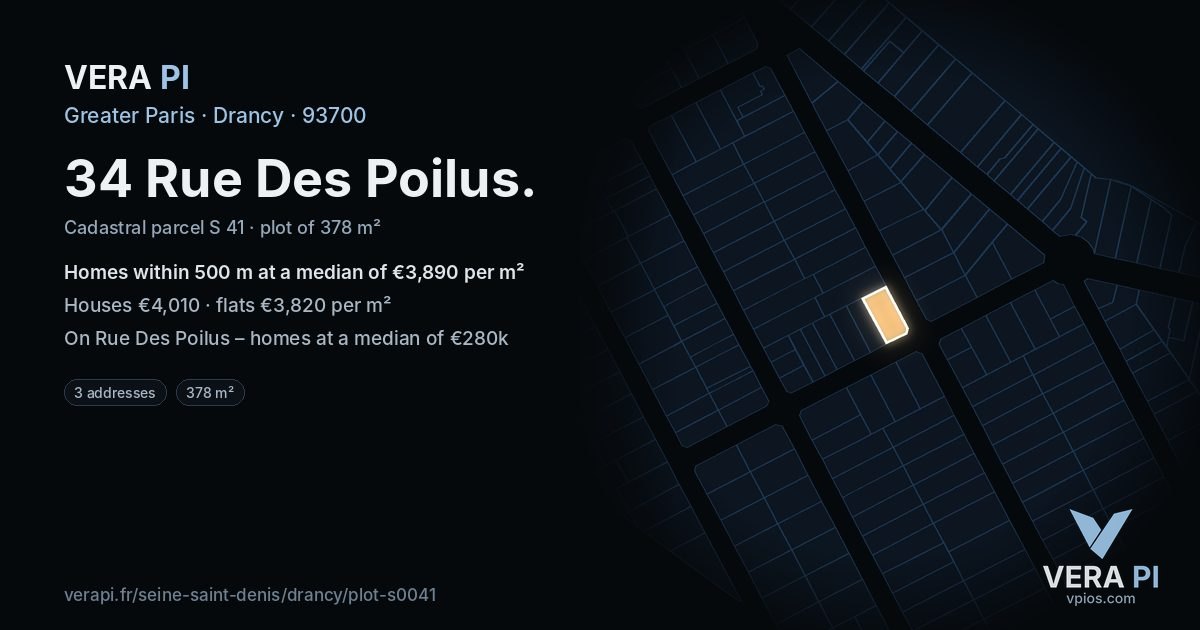 34 Rue Des Poilus, Drancy at night – the plot lit, the parcels around coloured by the prices near them