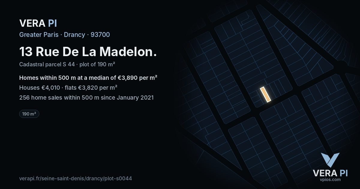13 Rue De La Madelon, Drancy at night – the plot lit, the parcels around coloured by the prices near them