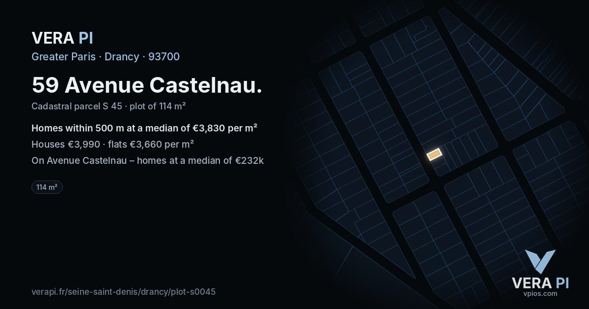 59 Avenue Castelnau, Drancy at night – the plot lit, the parcels around coloured by the prices near them