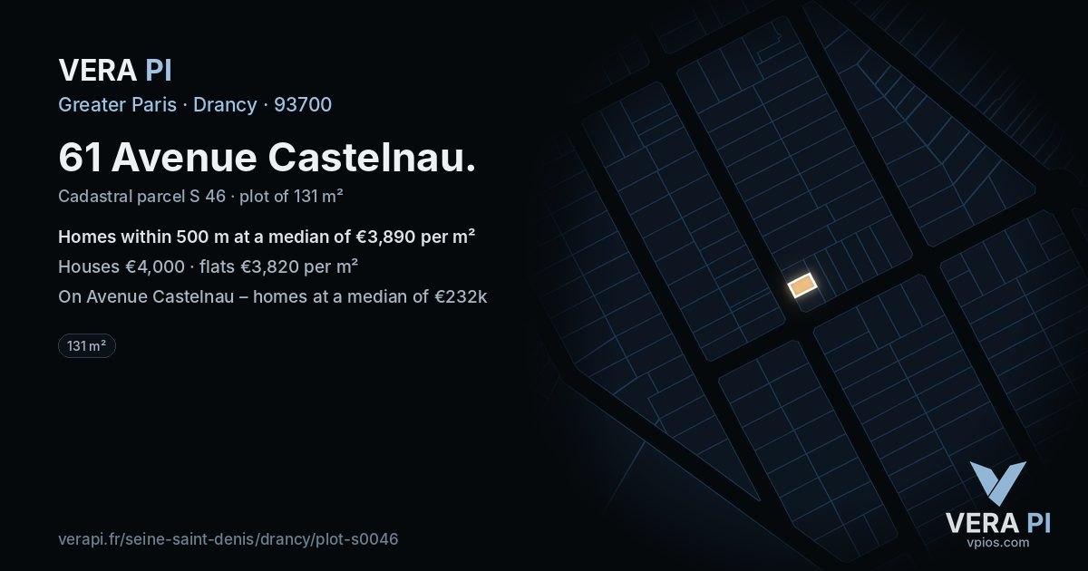 61 Avenue Castelnau, Drancy at night – the plot lit, the parcels around coloured by the prices near them