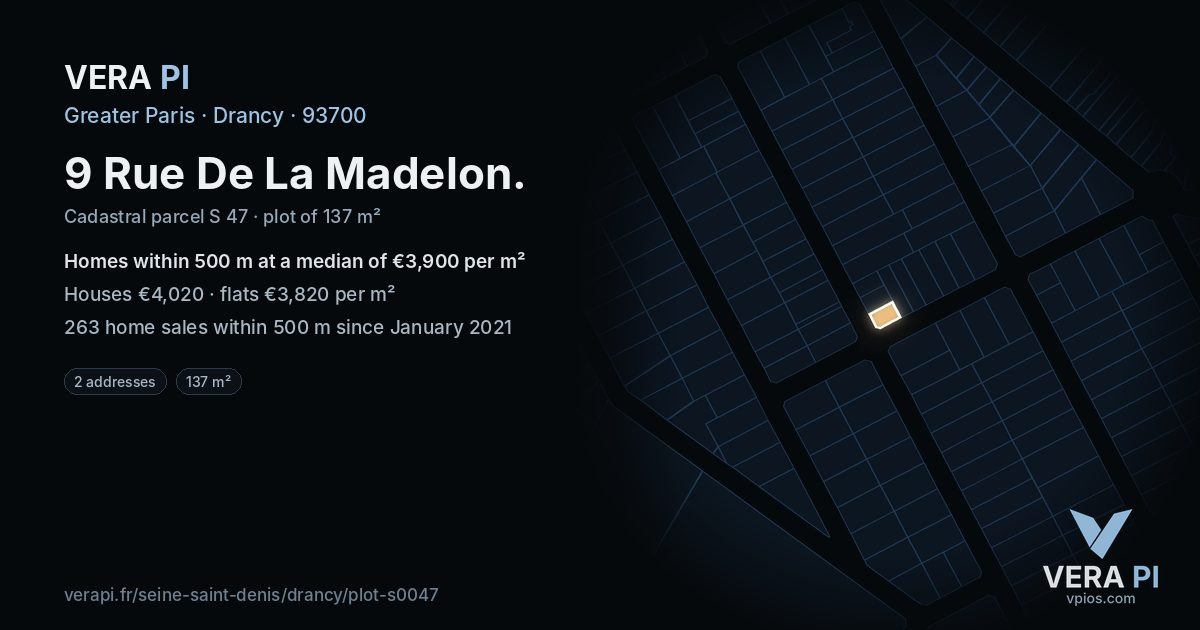9 Rue De La Madelon, Drancy at night – the plot lit, the parcels around coloured by the prices near them