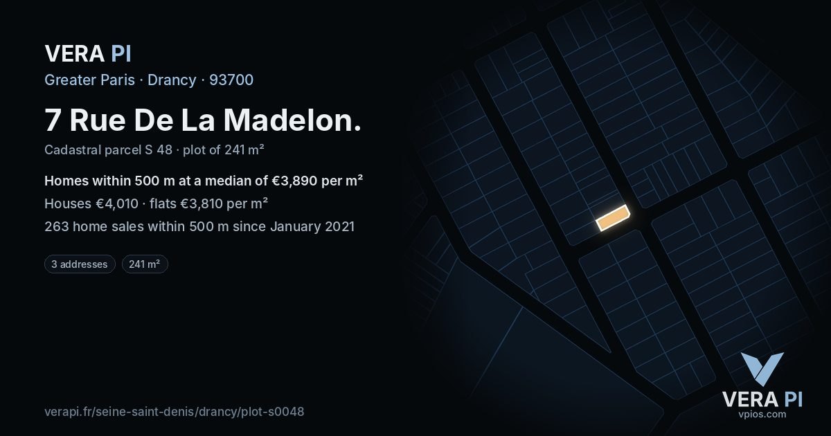 7 Rue De La Madelon, Drancy at night – the plot lit, the parcels around coloured by the prices near them