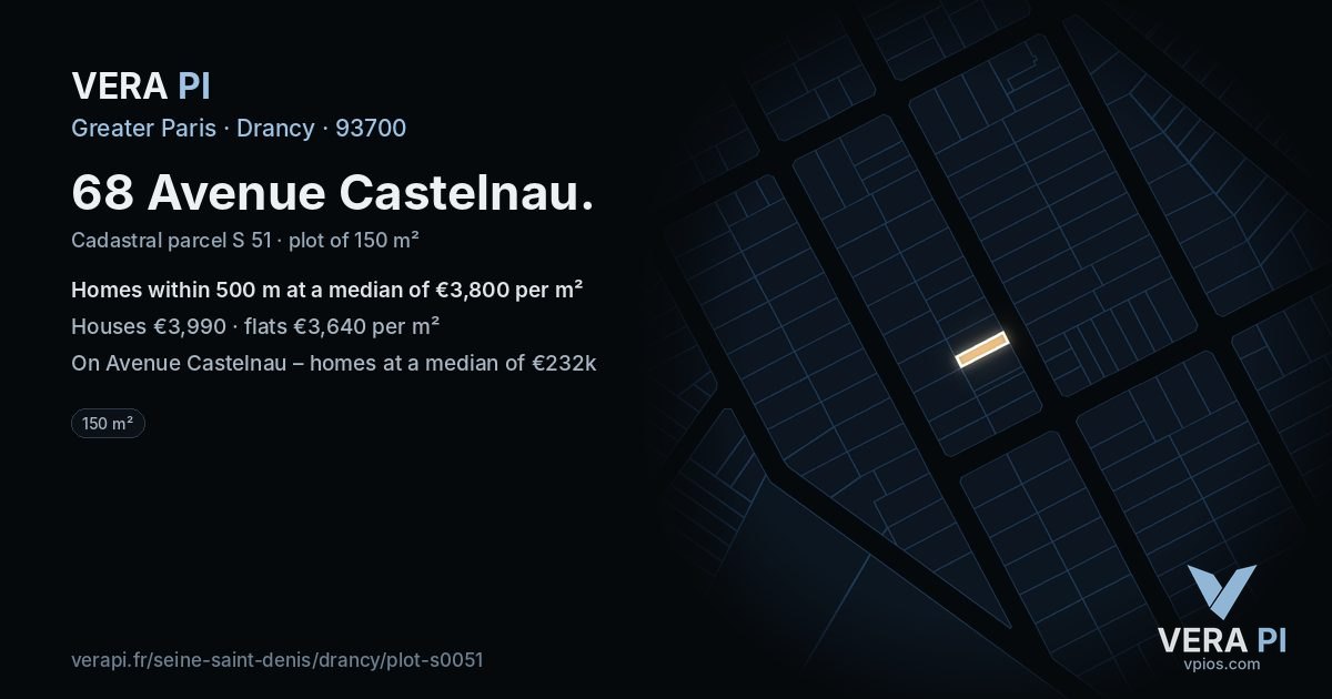 68 Avenue Castelnau, Drancy at night – the plot lit, the parcels around coloured by the prices near them
