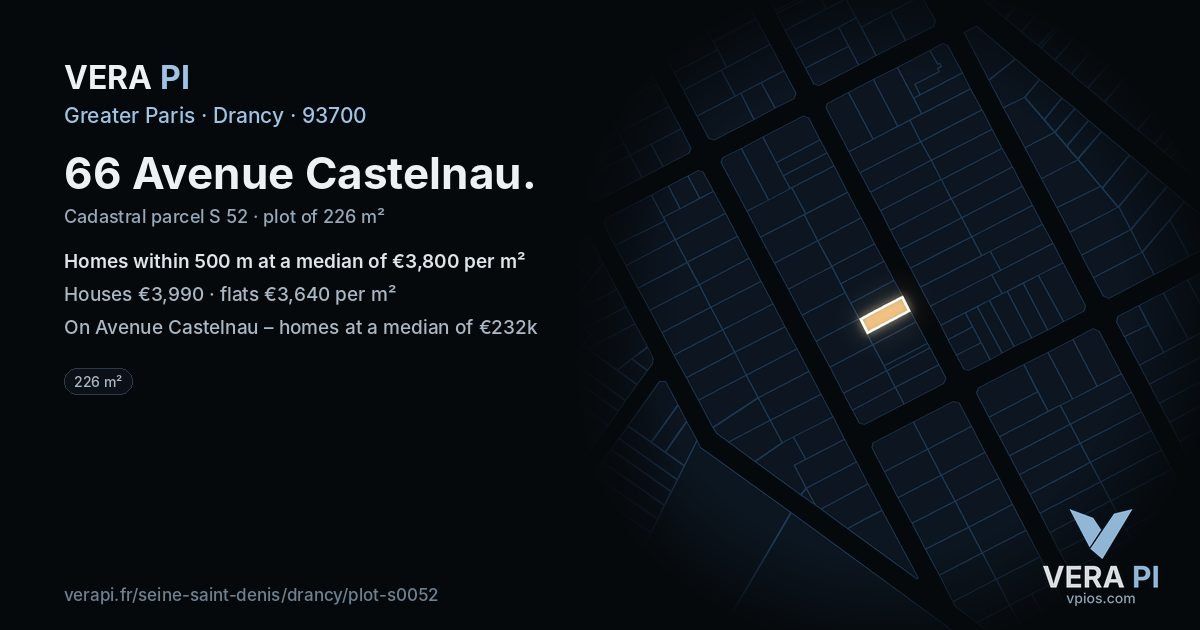 66 Avenue Castelnau, Drancy at night – the plot lit, the parcels around coloured by the prices near them