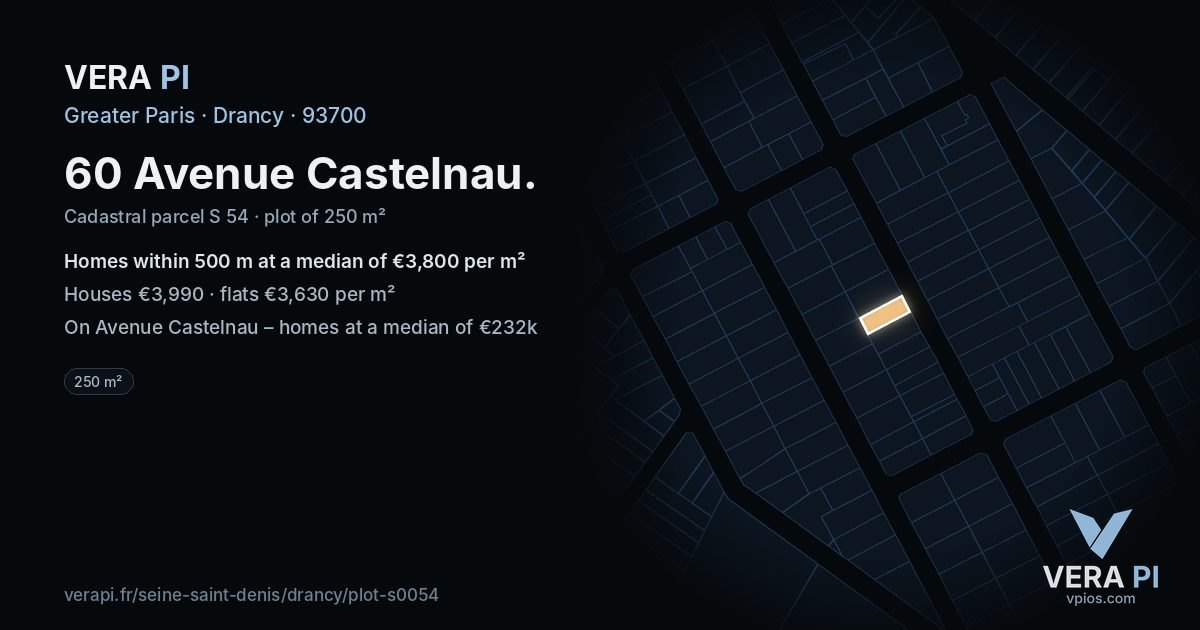 60 Avenue Castelnau, Drancy at night – the plot lit, the parcels around coloured by the prices near them