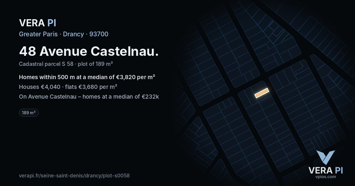 48 Avenue Castelnau, Drancy at night – the plot lit, the parcels around coloured by the prices near them