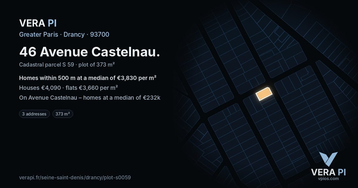 46 Avenue Castelnau, Drancy at night – the plot lit, the parcels around coloured by the prices near them
