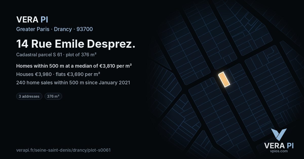 14 Rue Emile Desprez, Drancy at night – the plot lit, the parcels around coloured by the prices near them