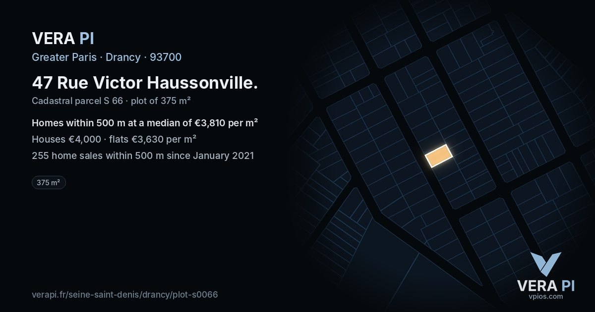 47 Rue Victor Haussonville, Drancy at night – the plot lit, the parcels around coloured by the prices near them