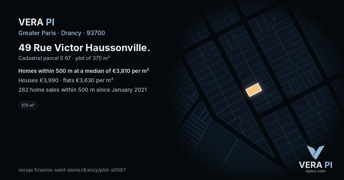 49 Rue Victor Haussonville, Drancy at night – the plot lit, the parcels around coloured by the prices near them