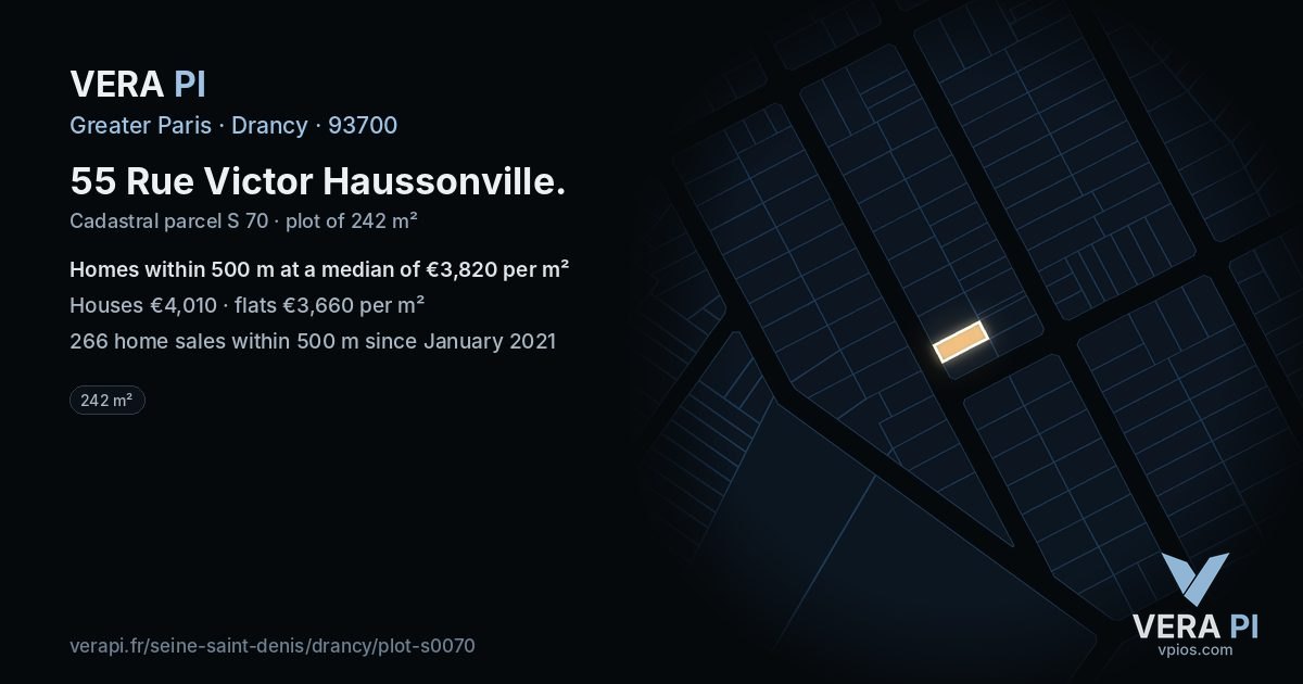 55 Rue Victor Haussonville, Drancy at night – the plot lit, the parcels around coloured by the prices near them