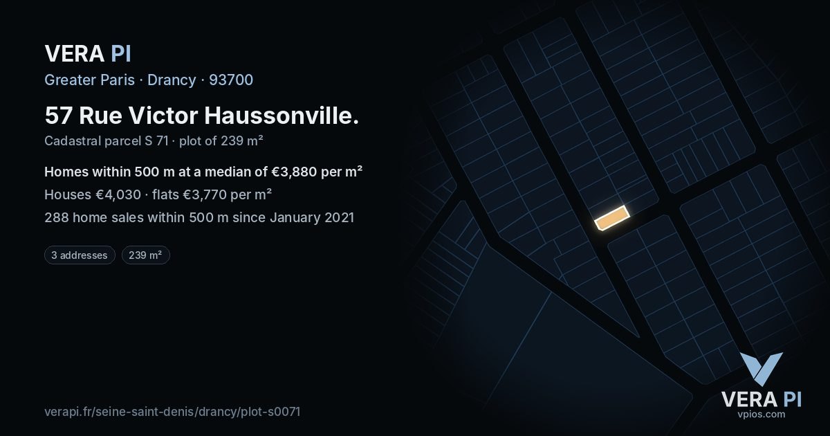 57 Rue Victor Haussonville, Drancy at night – the plot lit, the parcels around coloured by the prices near them