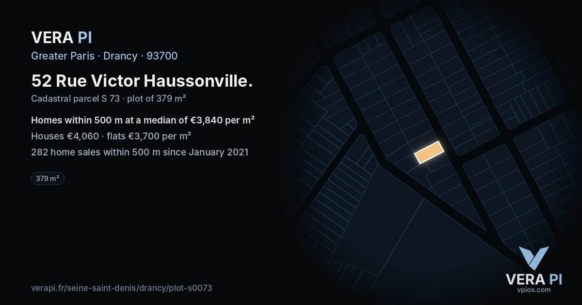 52 Rue Victor Haussonville, Drancy at night – the plot lit, the parcels around coloured by the prices near them