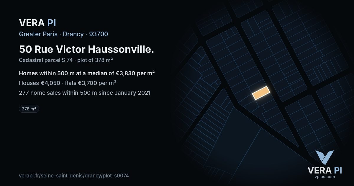 50 Rue Victor Haussonville, Drancy at night – the plot lit, the parcels around coloured by the prices near them
