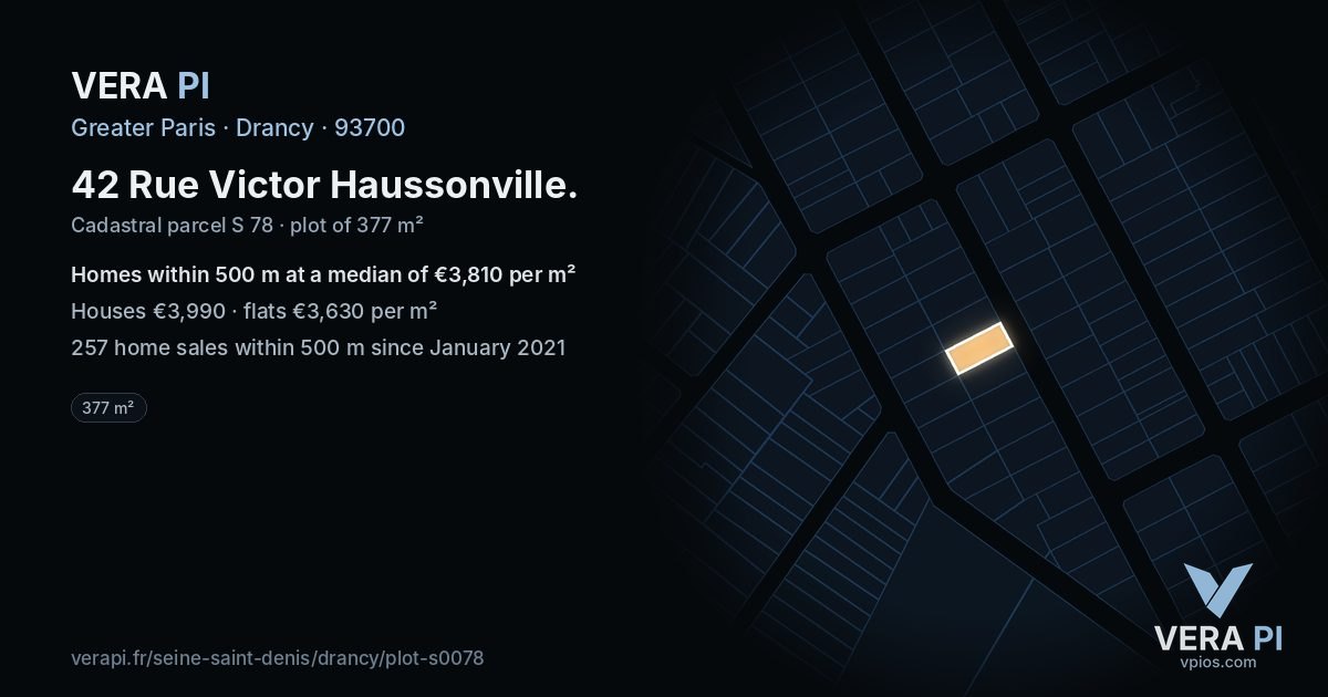42 Rue Victor Haussonville, Drancy at night – the plot lit, the parcels around coloured by the prices near them