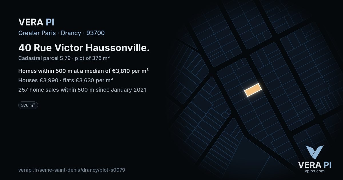 40 Rue Victor Haussonville, Drancy at night – the plot lit, the parcels around coloured by the prices near them
