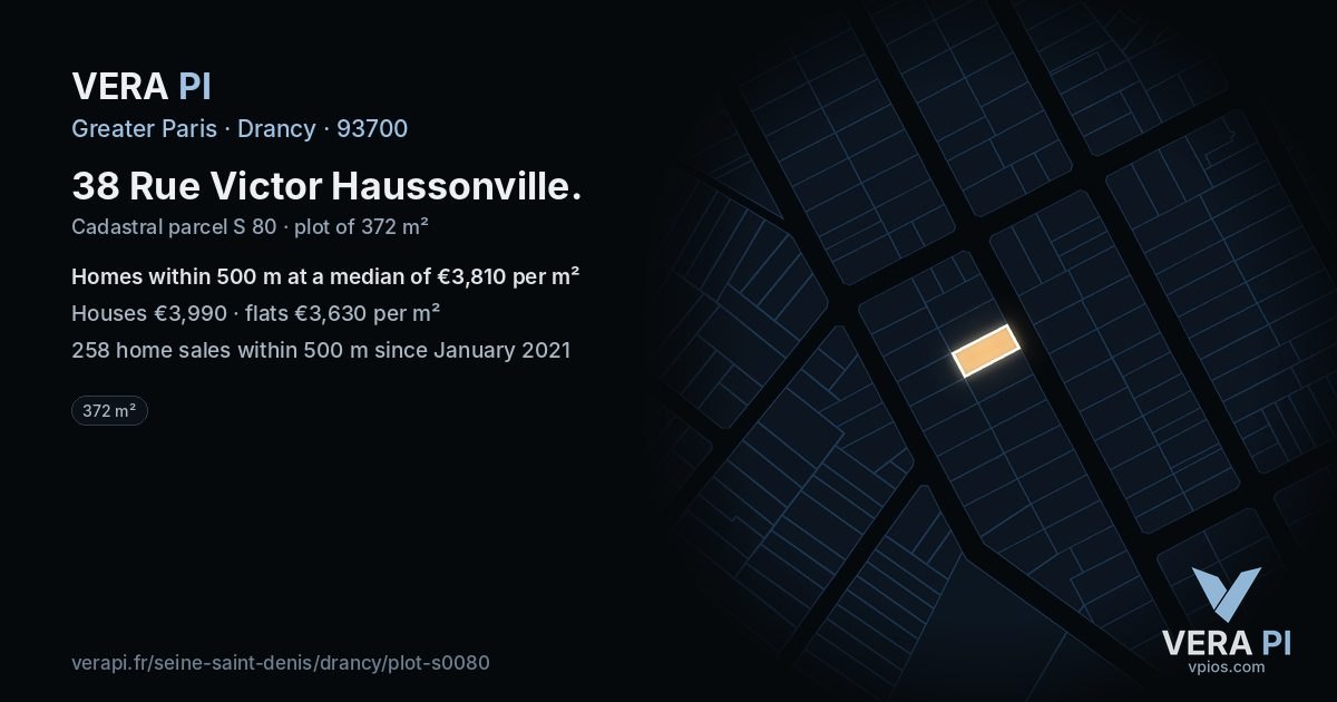 38 Rue Victor Haussonville, Drancy at night – the plot lit, the parcels around coloured by the prices near them