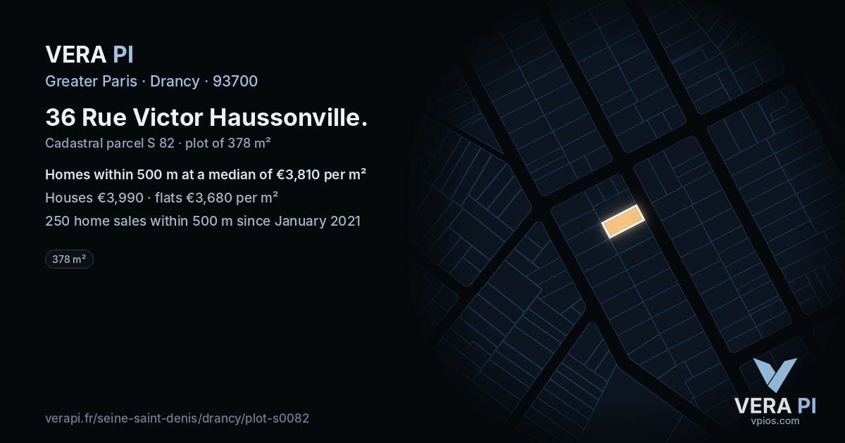 36 Rue Victor Haussonville, Drancy at night – the plot lit, the parcels around coloured by the prices near them