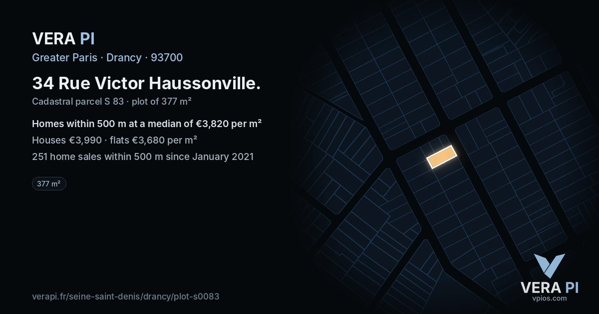 34 Rue Victor Haussonville, Drancy at night – the plot lit, the parcels around coloured by the prices near them